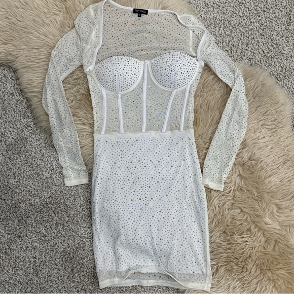 White Mesh Rhinestone Mini Dress - Picture 3 of 5